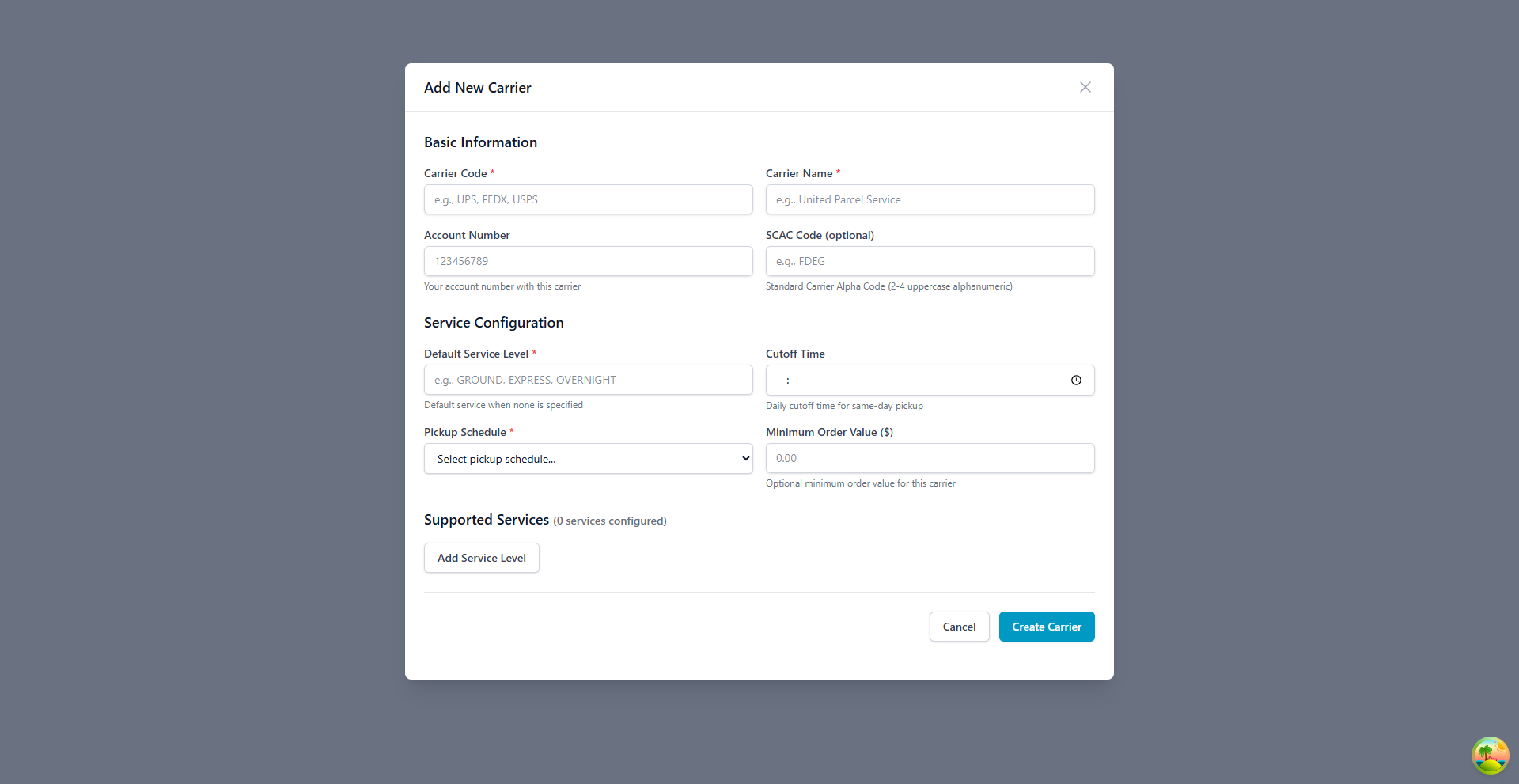 Add New Carrier Modal