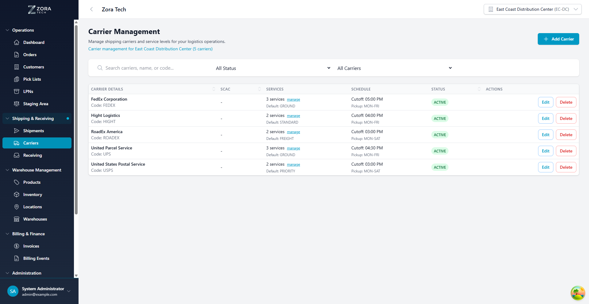 Carrier Management Main Screen