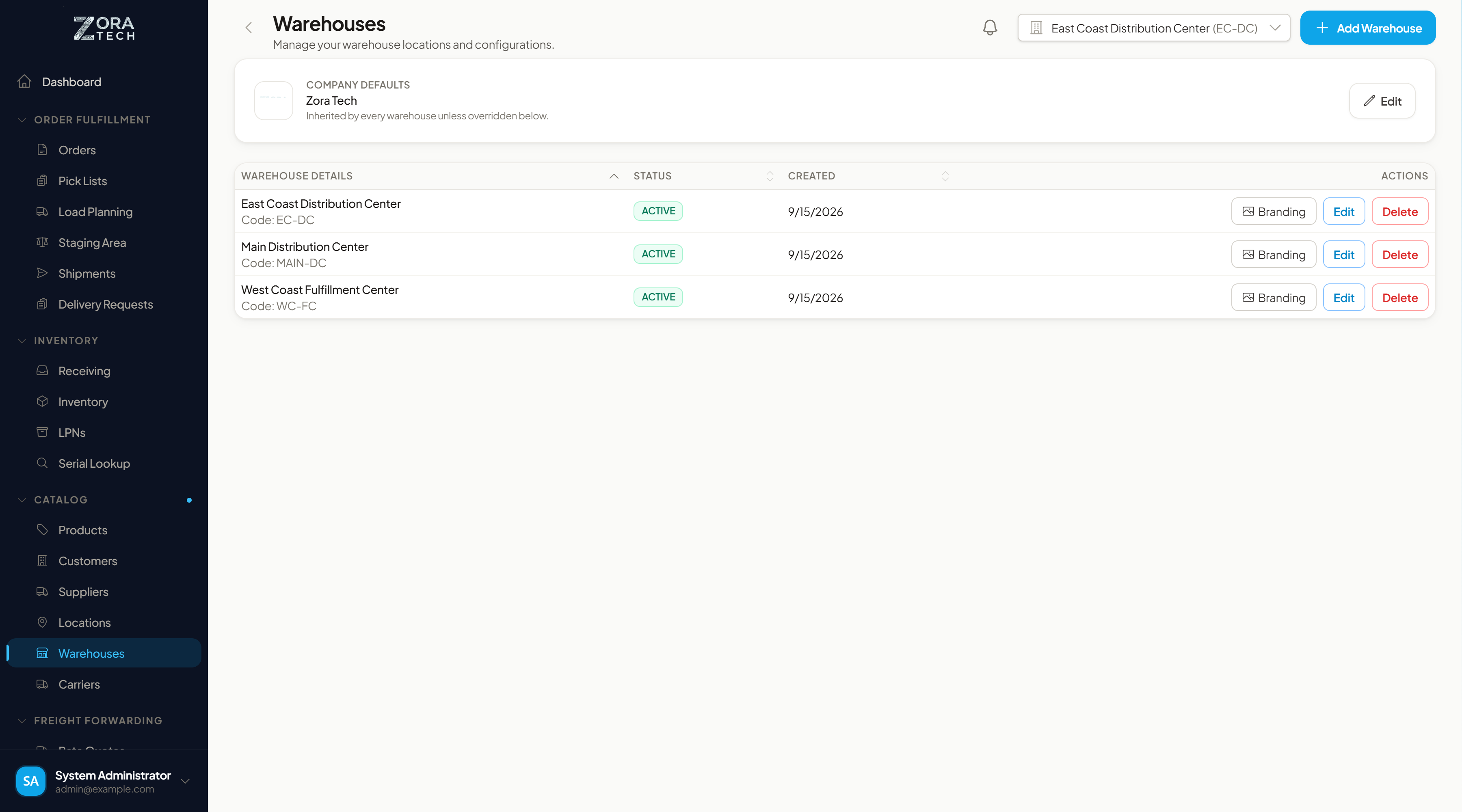 Company defaults on the Warehouses page