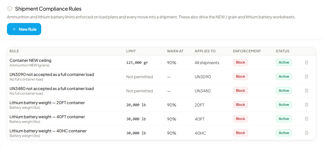 Shipment Compliance Rules in Settings