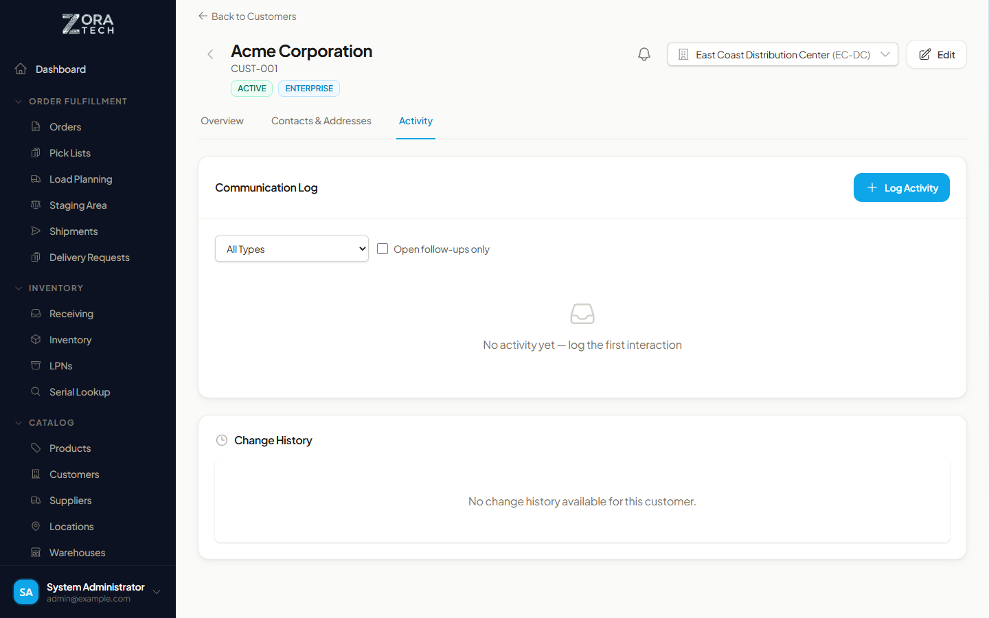 Customer workspace, activity tab