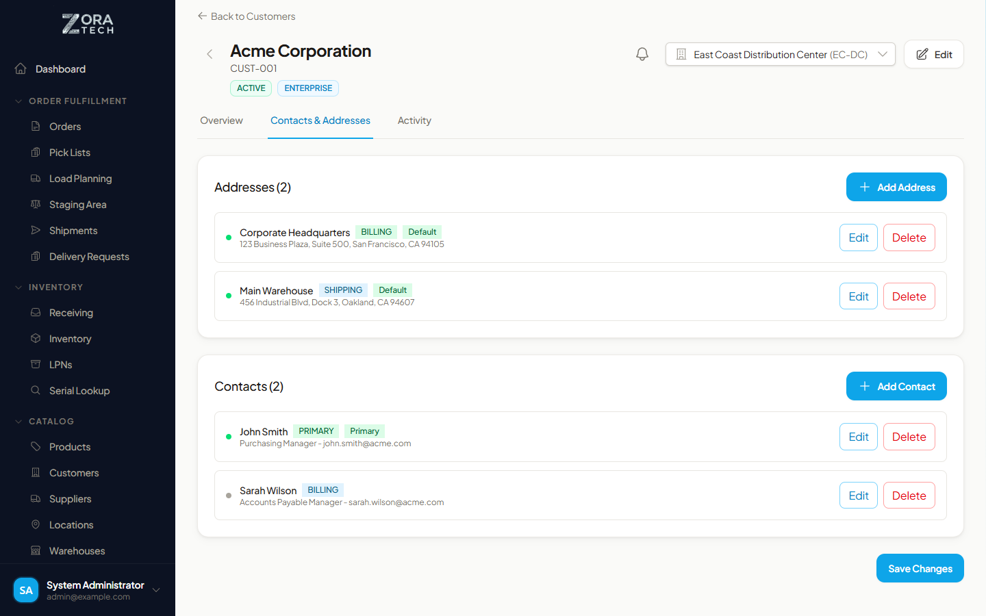 Customer workspace, contacts and addresses tab