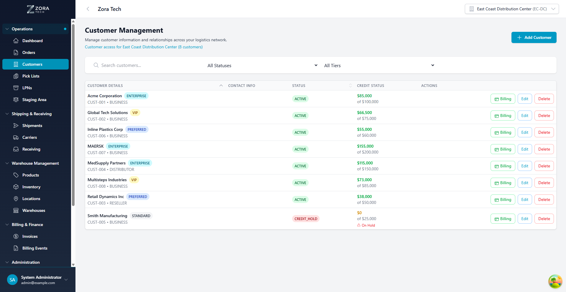 Customer Management Main Screen