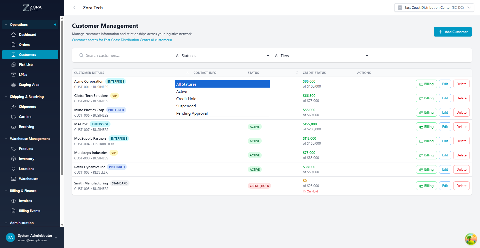 Customer Status Filtering