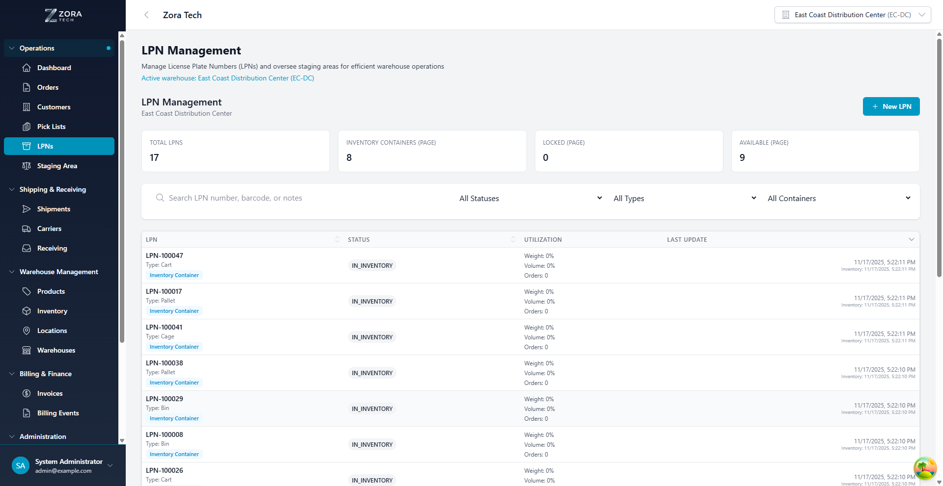 LPN Management Main Screen