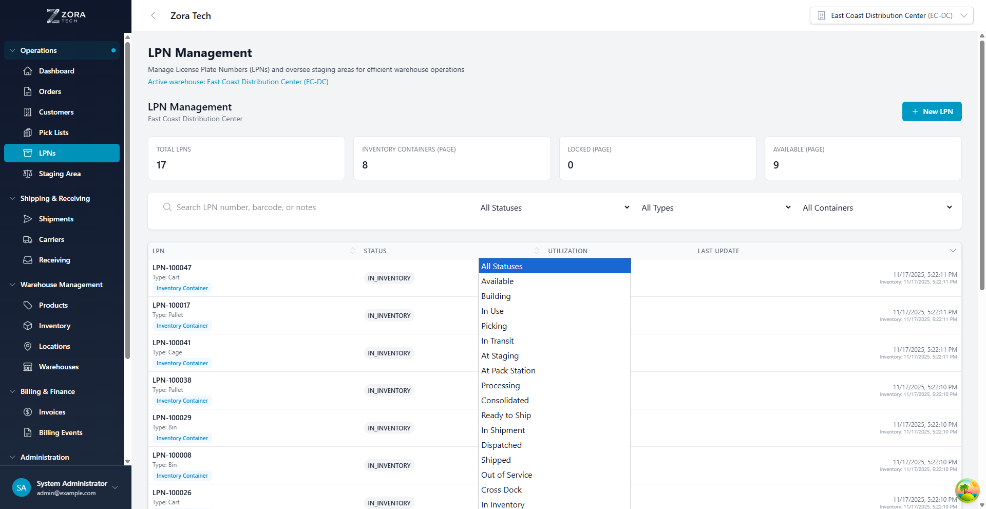 LPN Status Filter Options