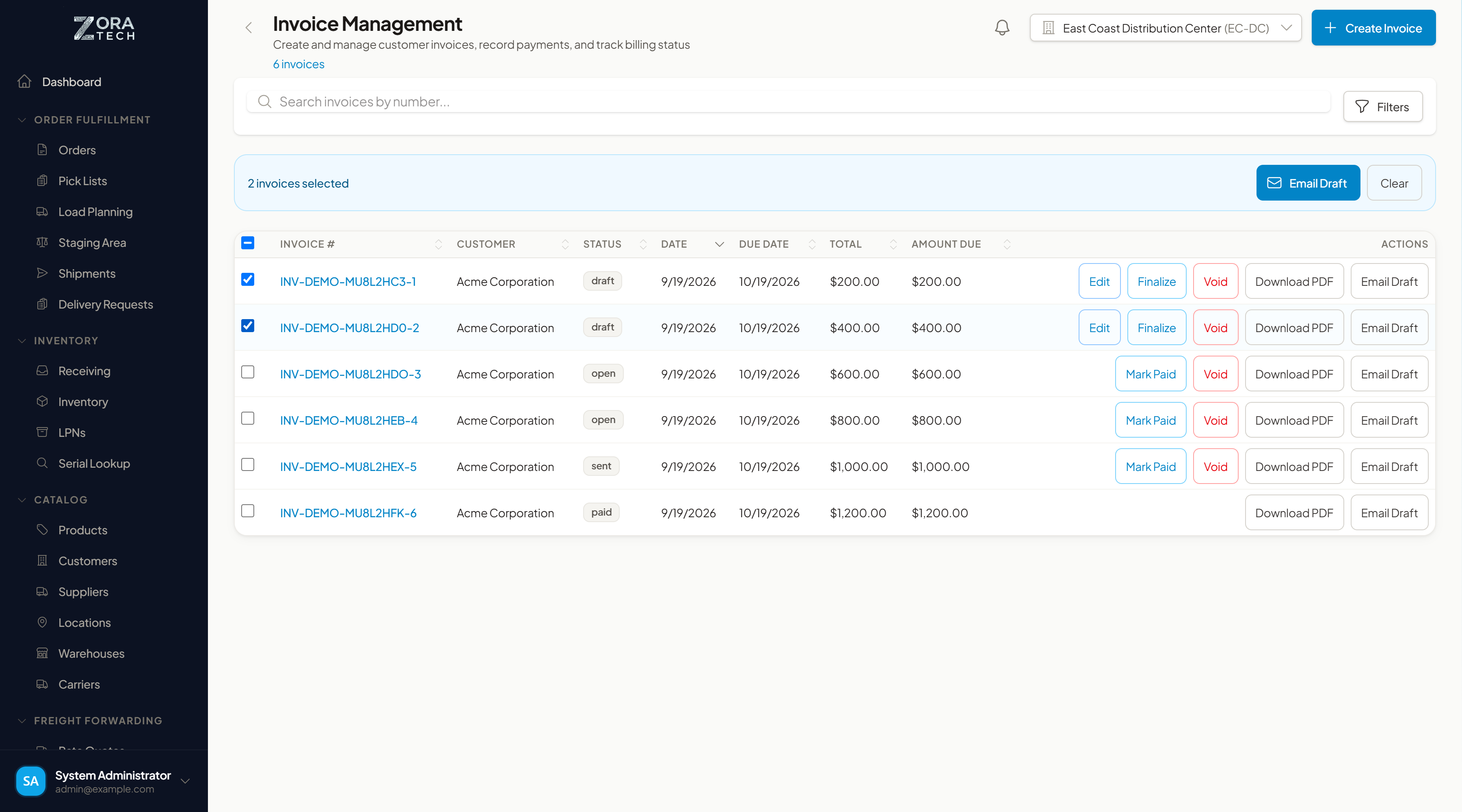 Email Draft on the invoices list