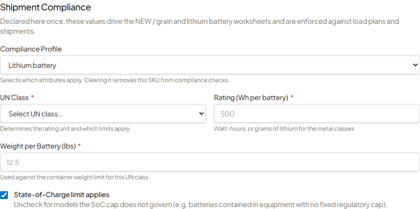 Lithium battery compliance attributes on the product form