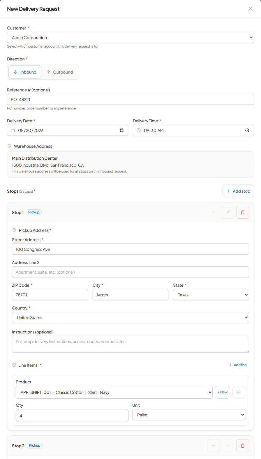 New Delivery Request form
