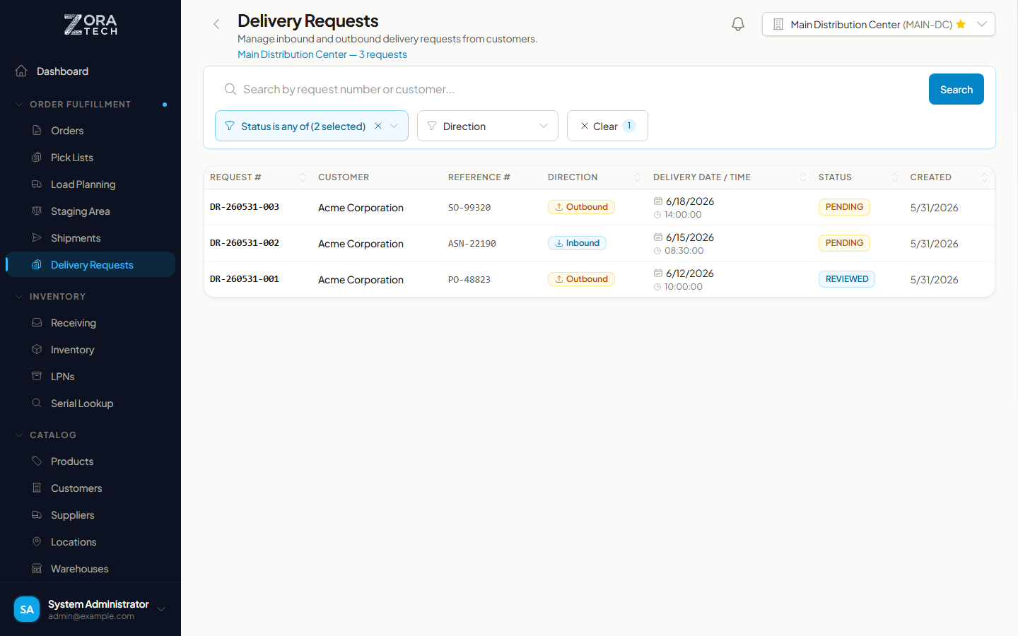 Delivery Requests staff list