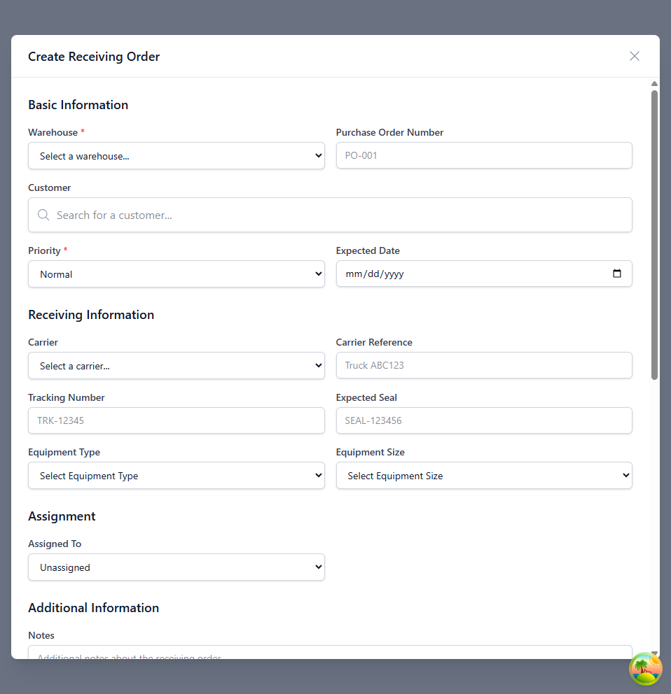 Create Receiving Order Form
