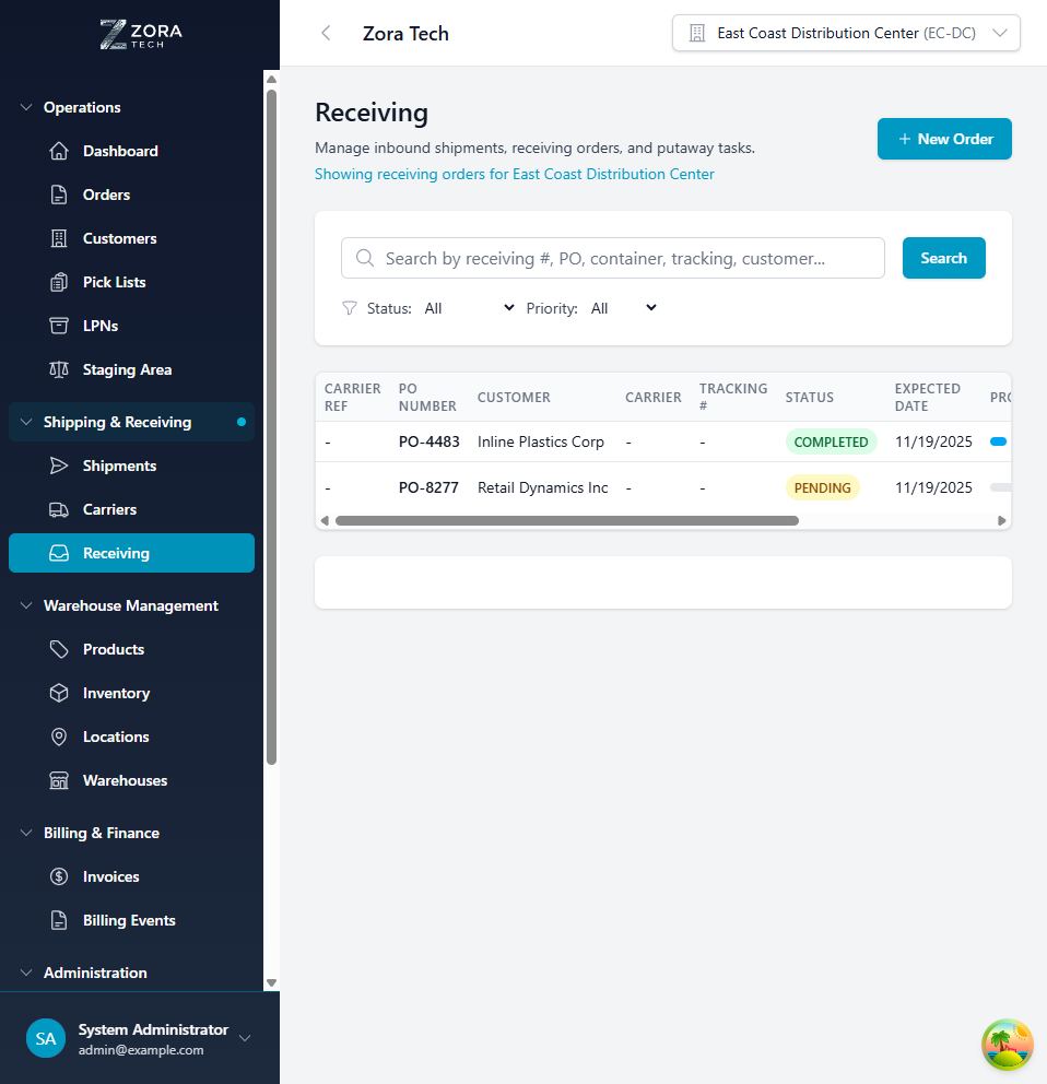 Receiving Management Interface