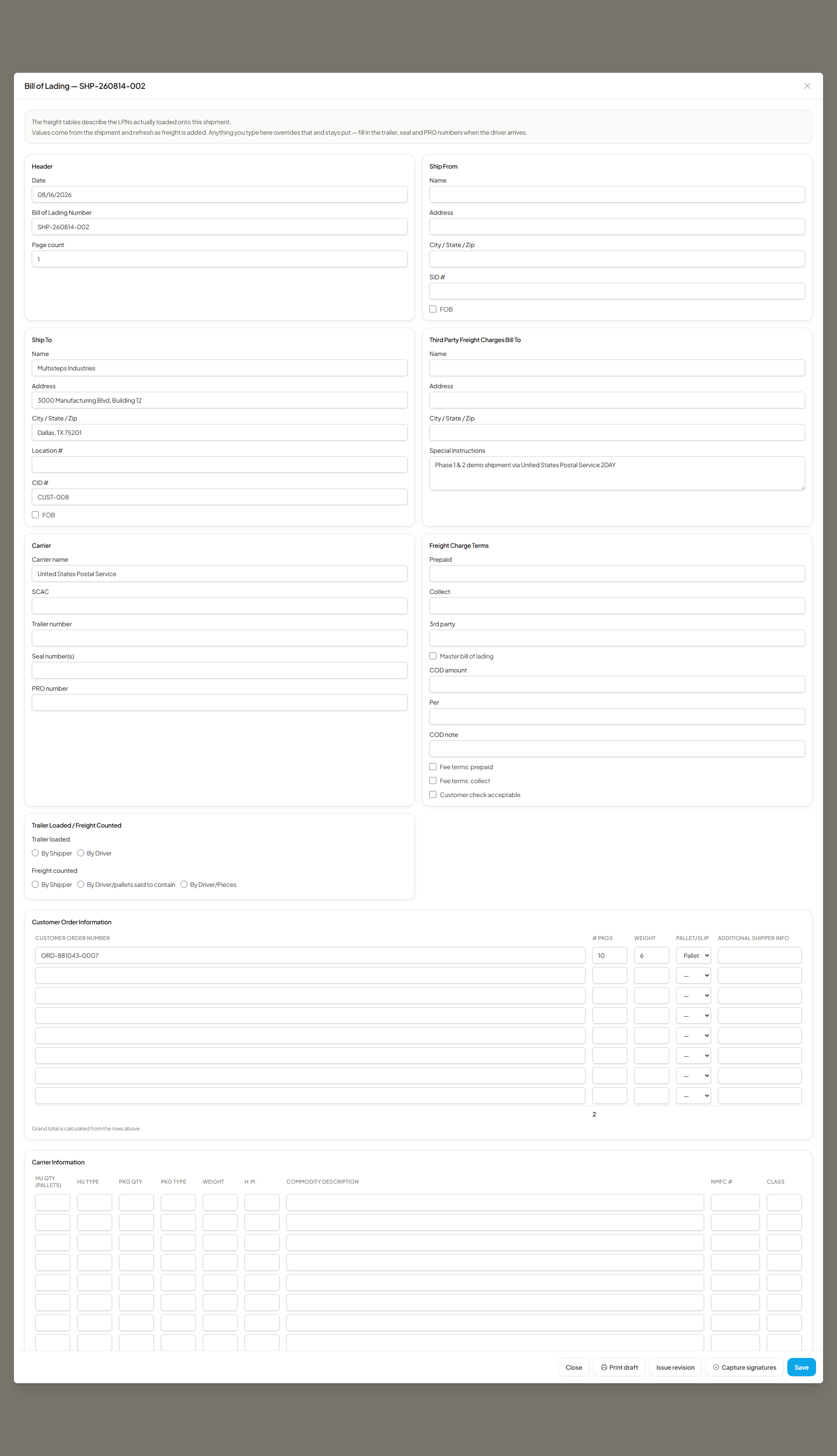 The BOL editor, with the Trailer Loaded / Freight Counted attestations below the Carrier and Freight Charge Terms groups